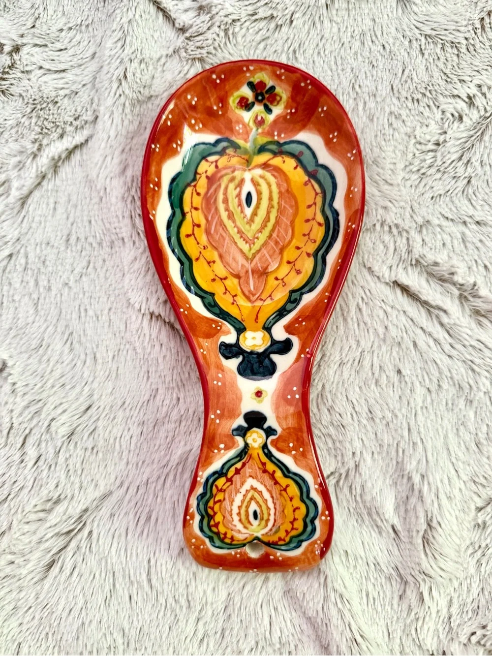 Anthropologie Hand-Painted Ceramic Spoon Rest in Orange, Yellow, Green, Black